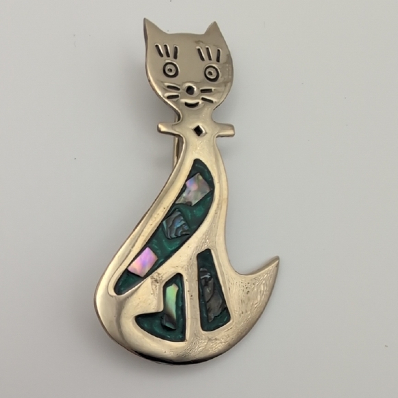 Other - Cat Pendant Brooch - Green Abalone Accent